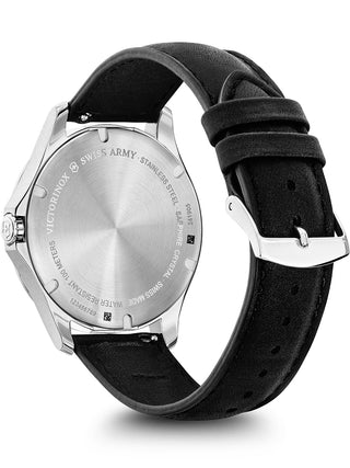 Angle shot of Victorinox 241905 Silver Dial Black Leather Unisex Watch on white background