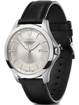 Angle shot of Victorinox 241905 Silver Dial Black Leather Unisex Watch on white background