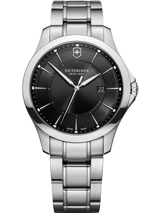 Front view of Victorinox 241909 Black Dial Silver Stainless Steel Unisex Watch on white background