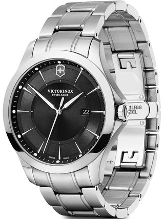 Angle shot of Victorinox 241909 Black Dial Silver Stainless Steel Unisex Watch on white background