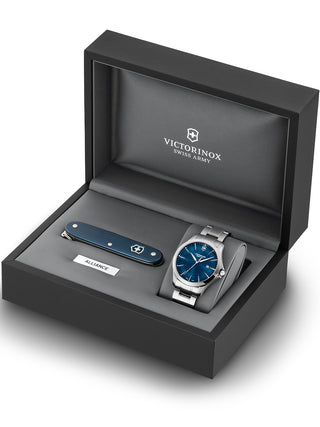 Angle shot of Victorinox 241910.1 Blue Dial Silver Stainless Steel Unisex Watch on white background