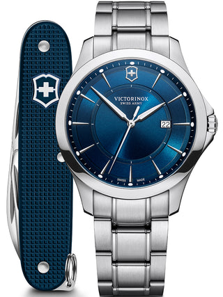 Front view of Victorinox 241910.1 Blue Dial Silver Stainless Steel Unisex Watch on white background