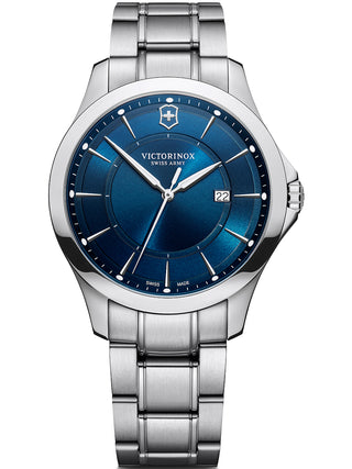 Angle shot of Victorinox 241910.1 Blue Dial Silver Stainless Steel Unisex Watch on white background