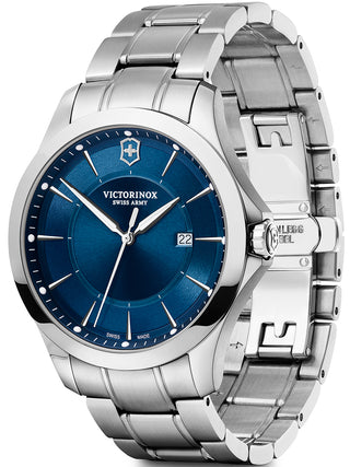Angle shot of Victorinox 241910.1 Blue Dial Silver Stainless Steel Unisex Watch on white background