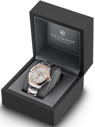 Angle shot of Victorinox 241912 Silver Dial Rose Gold Stainless Steel Unisex Watch on white background