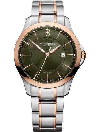 Front view of Victorinox 241913 Black Dial Rose Gold Stainless Steel Unisex Watch on white background