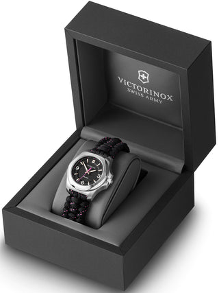 Angle shot of Victorinox 241918 Black Textile Womens Watch on white background