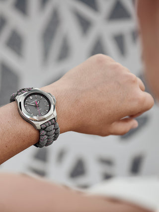 Angle shot of Victorinox 241920 Grey Textile Womens Watch on white background