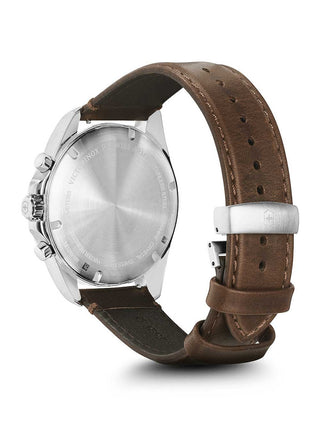 Angle shot of Victorinox Chronograph 241928 Black Dial Brown Leather Unisex Watch on white background