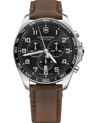 Front view of Victorinox Chronograph 241928 Black Dial Brown Leather Unisex Watch on white background
