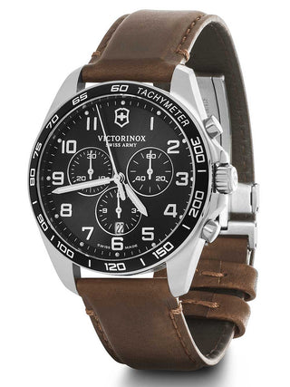 Angle shot of Victorinox Chronograph 241928 Black Dial Brown Leather Unisex Watch on white background