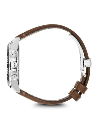 Angle shot of Victorinox Chronograph 241928 Black Dial Brown Leather Unisex Watch on white background