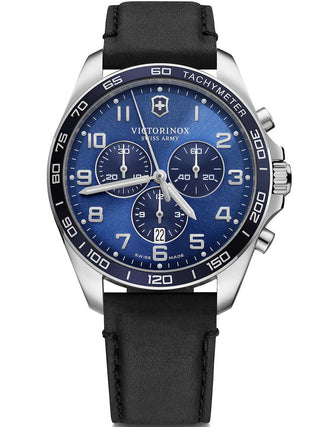 Front view of Victorinox Chronograph 241929 Blue Dial Black Leather Unisex Watch on white background
