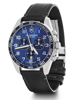 Angle shot of Victorinox Chronograph 241929 Blue Dial Black Leather Unisex Watch on white background
