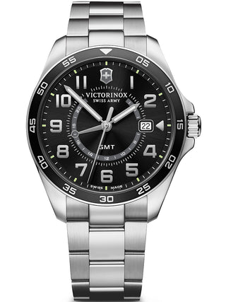 Front view of Victorinox 241930 Black Dial Silver Stainless Steel Unisex Watch on white background