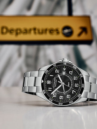 Angle shot of Victorinox 241930 Black Dial Silver Stainless Steel Unisex Watch on white background