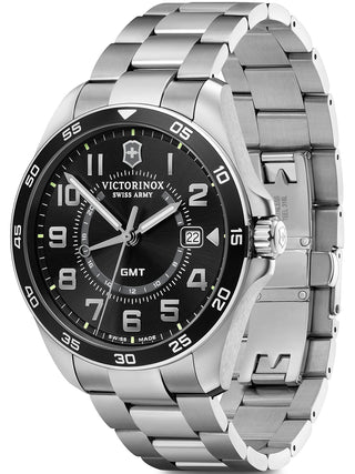 Angle shot of Victorinox 241930 Black Dial Silver Stainless Steel Unisex Watch on white background