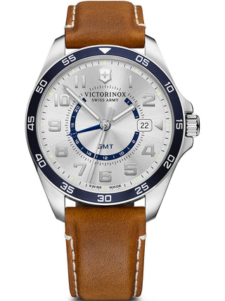 Front view of Victorinox 241931 Silver Dial Brown Leather Unisex Watch on white background