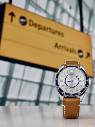 Angle shot of Victorinox 241931 Silver Dial Brown Leather Unisex Watch on white background