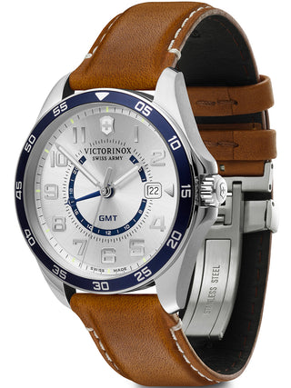 Angle shot of Victorinox 241931 Silver Dial Brown Leather Unisex Watch on white background