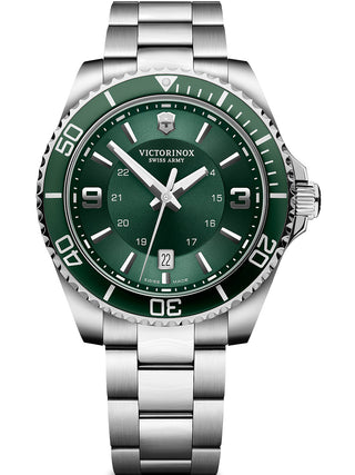 Front view of Victorinox 241934 Green Dial Silver Stainless Steel Unisex Watch on white background