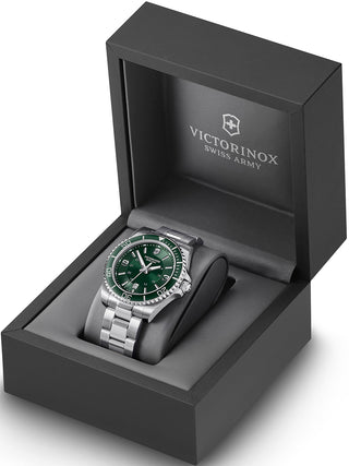 Angle shot of Victorinox 241934 Green Dial Silver Stainless Steel Unisex Watch on white background