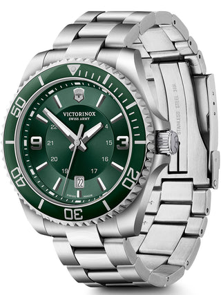 Angle shot of Victorinox 241934 Green Dial Silver Stainless Steel Unisex Watch on white background