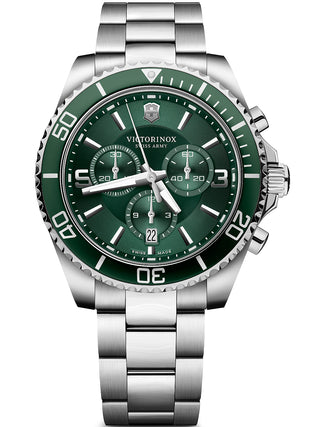 Front view of Victorinox Chronograph 241946 Green Dial Silver Stainless Steel Unisex Watch on white background