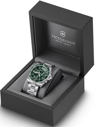 Angle shot of Victorinox Chronograph 241946 Green Dial Silver Stainless Steel Unisex Watch on white background