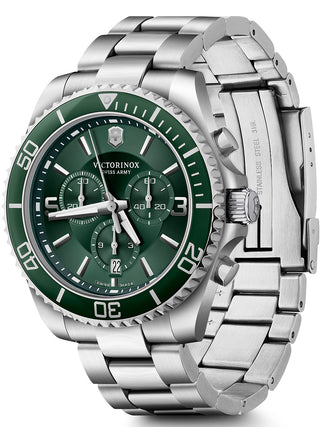Angle shot of Victorinox Chronograph 241946 Green Dial Silver Stainless Steel Unisex Watch on white background