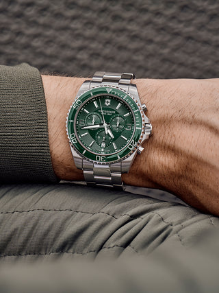 Angle shot of Victorinox Chronograph 241946 Green Dial Silver Stainless Steel Unisex Watch on white background