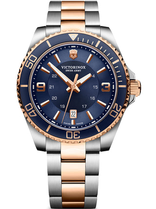 Front view of Victorinox 241950 Blue Dial Rose Gold Stainless Steel Unisex Watch on white background