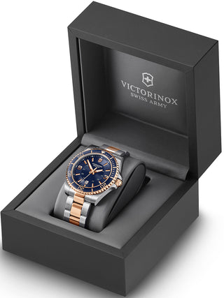Angle shot of Victorinox 241950 Blue Dial Rose Gold Stainless Steel Unisex Watch on white background