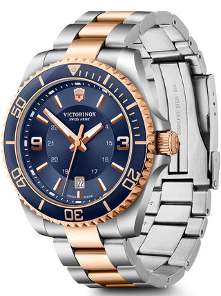 Angle shot of Victorinox 241950 Blue Dial Rose Gold Stainless Steel Unisex Watch on white background