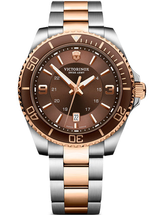 Front view of Victorinox 241951 Brown Dial Rose Gold Stainless Steel Unisex Watch on white background