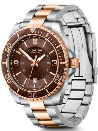 Angle shot of Victorinox 241951 Brown Dial Rose Gold Stainless Steel Unisex Watch on white background
