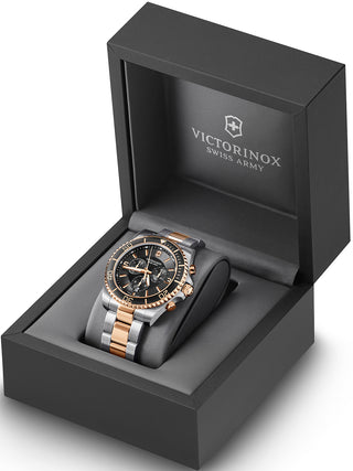 Angle shot of Victorinox Chronograph 241952 Black Dial Rose Gold Stainless Steel Unisex Watch on white background