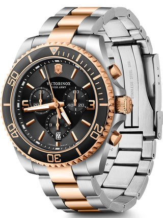 Angle shot of Victorinox Chronograph 241952 Black Dial Rose Gold Stainless Steel Unisex Watch on white background
