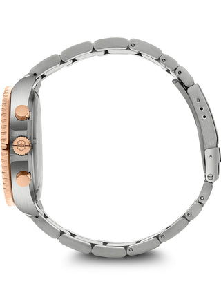 Angle shot of Victorinox Chronograph 241952 Black Dial Rose Gold Stainless Steel Unisex Watch on white background