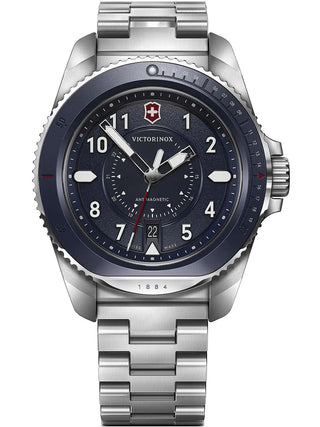 Front view of Victorinox 241978 Black Dial Silver Stainless Steel Unisex Watch on white background