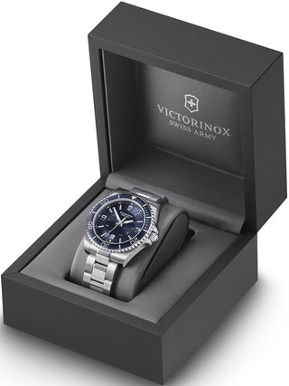 Angle shot of Victorinox 242007 Blue Dial Silver Stainless Steel Unisex Watch on white background