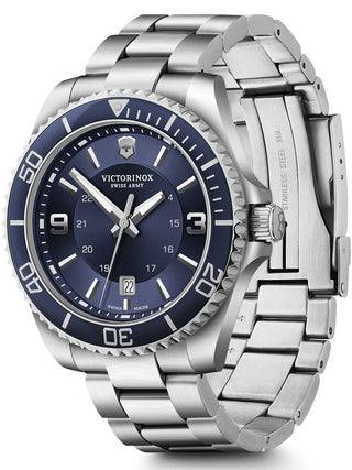 Angle shot of Victorinox 242007 Blue Dial Silver Stainless Steel Unisex Watch on white background