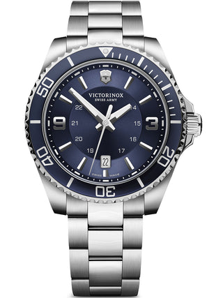 Front view of Victorinox 242007 Blue Dial Silver Stainless Steel Unisex Watch on white background