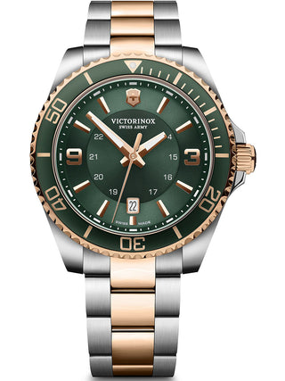 Front view of Victorinox 242008 Green Dial Rose Gold Stainless Steel Unisex Watch on white background