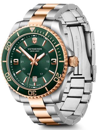Angle shot of Victorinox 242008 Green Dial Rose Gold Stainless Steel Unisex Watch on white background