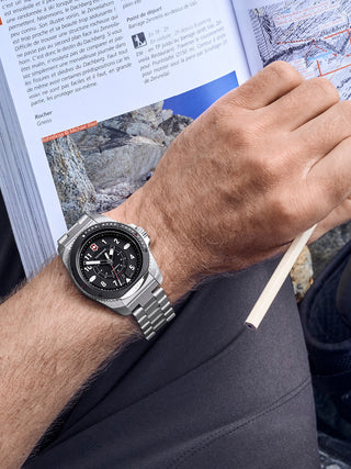 Angle shot of Victorinox 242009 Black Dial Silver Stainless Steel Unisex Watch on white background