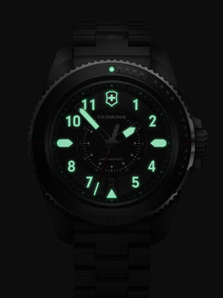 Angle shot of Victorinox 242009 Black Dial Silver Stainless Steel Unisex Watch on white background