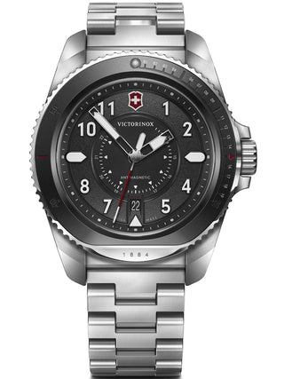 Front view of Victorinox 242009 Black Dial Silver Stainless Steel Unisex Watch on white background