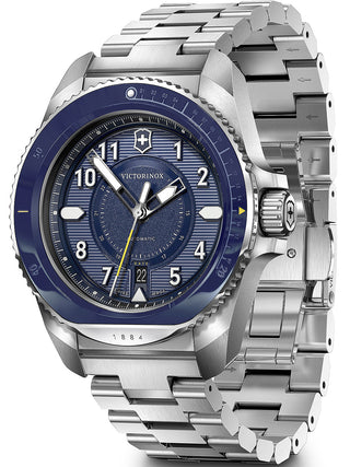 Angle shot of Victorinox 242010 Blue Dial Silver Stainless Steel Unisex Watch on white background