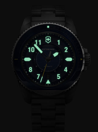 Angle shot of Victorinox 242010 Blue Dial Silver Stainless Steel Unisex Watch on white background
